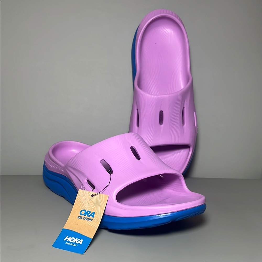 Hoka Purple and Blue Recovery Slides